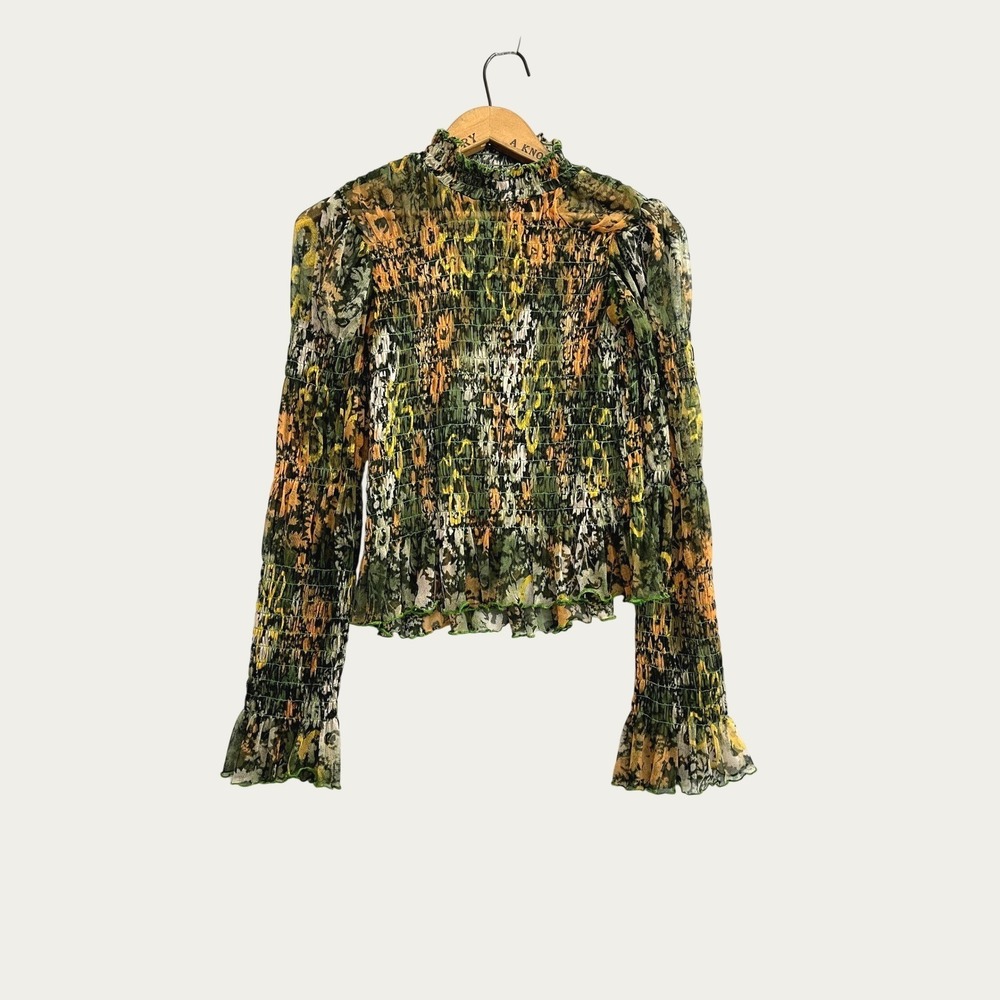Free People Womens XS Smocked Mesh Floral Mock Neck Long Sleeve Top Fairy